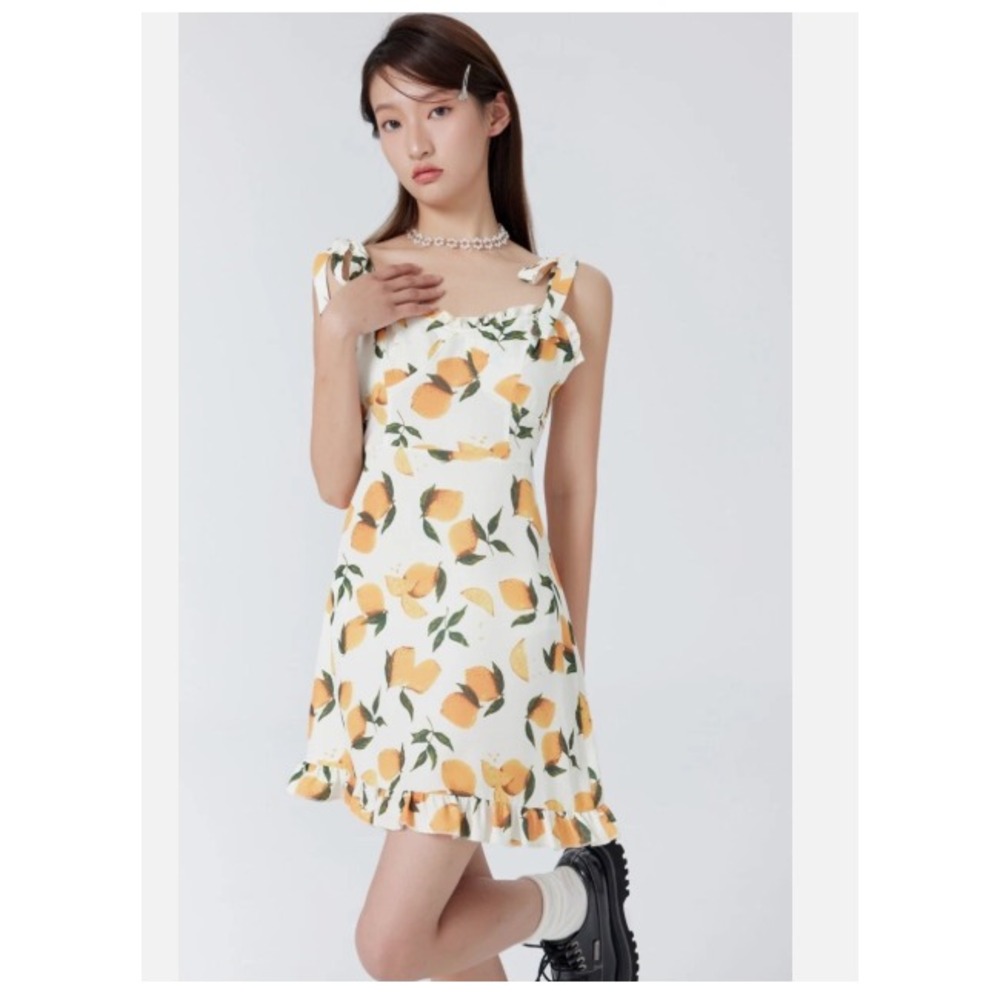 CIDER 1XL Orange Citrus Print Midi Dress Tie Strap Cottagecore Coastal Women's